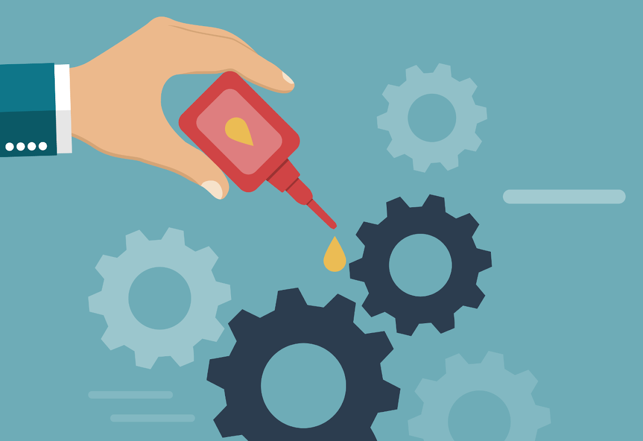 A flat illustration of a hand using a red oil bottle over interlocked gears.