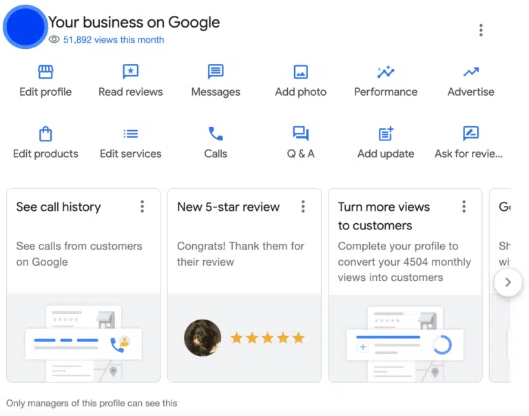 A Google Business Profile management dashboard showing profile tools.