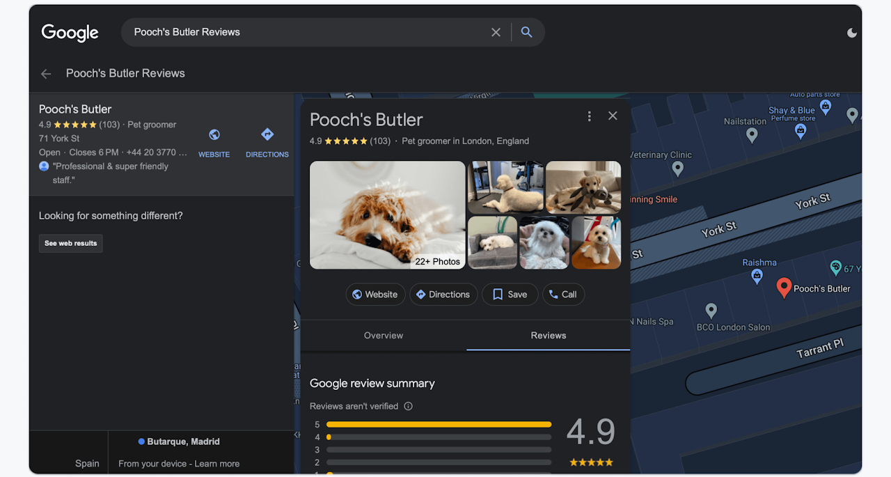 A digital screenshot of a Google Maps search result displaying a business profile.