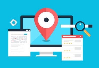 A flat illustration of a computer monitor with a large red map location pin.