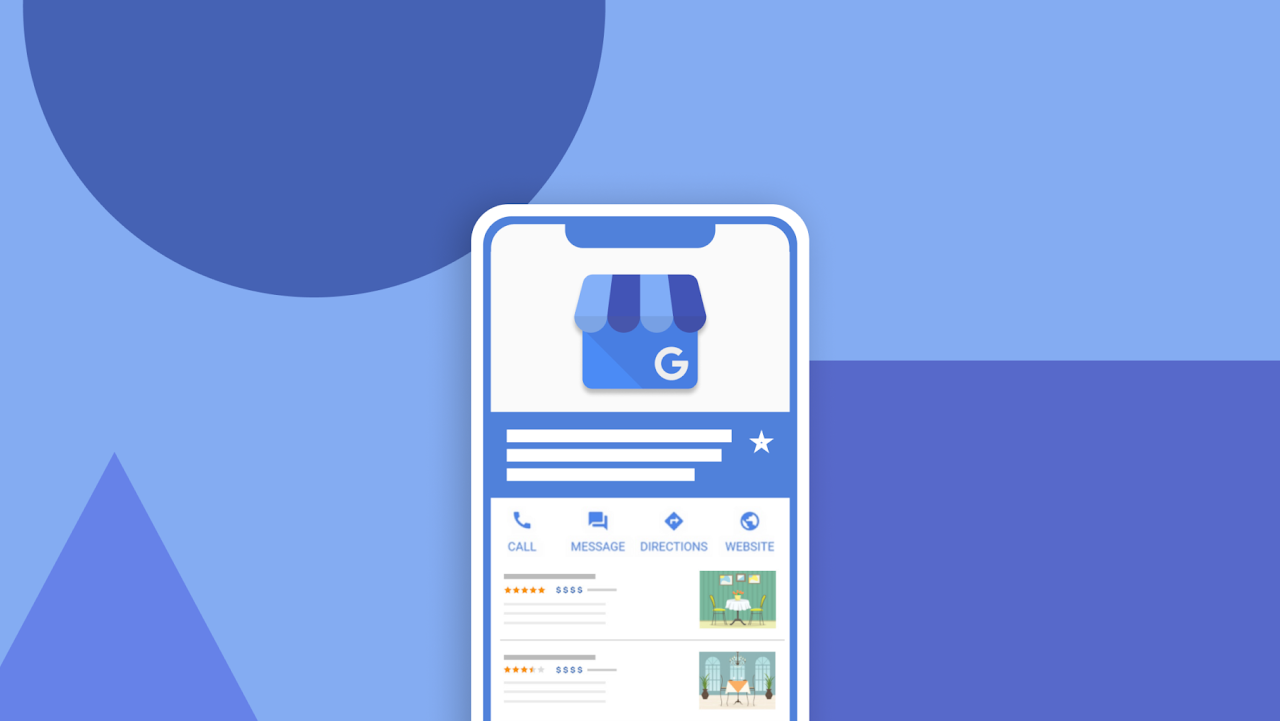 A stylized smartphone displaying a mock Google Business Profile listing.